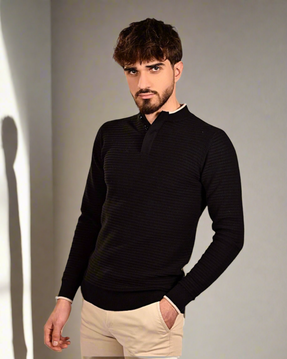 SALE! 2H #46037 Black Pure Cotton With 3 Buttons High Neck Sweater