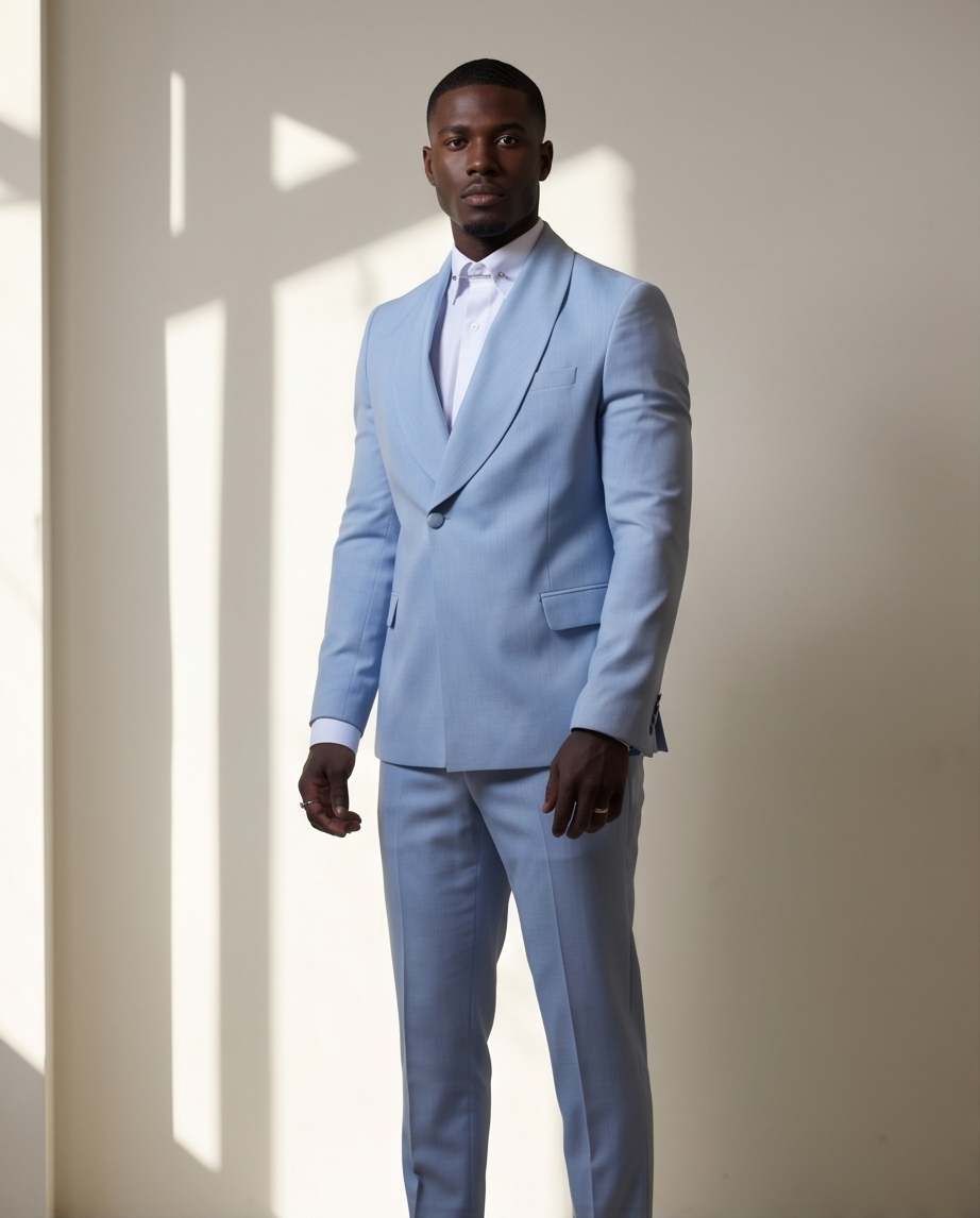 2H #99-06 Blue One Button Collar Shawl Suit