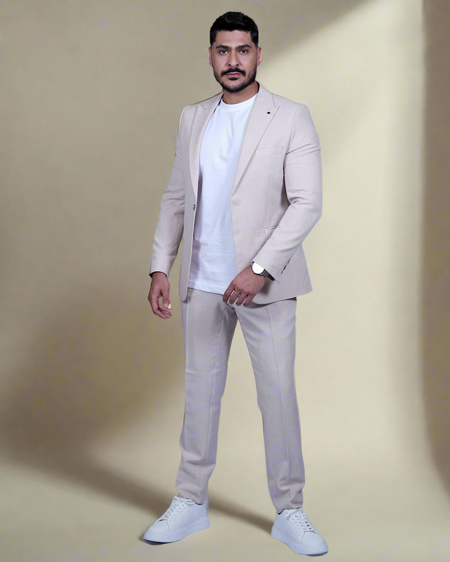 2H Beige Casual Embossed Suit 2 Pieces