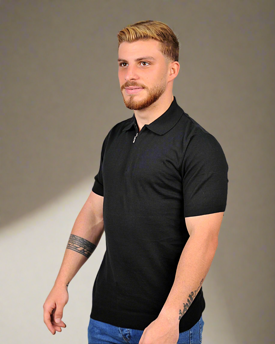 2H #2001-40 Black Knitted Cotton Polo T-Shirt