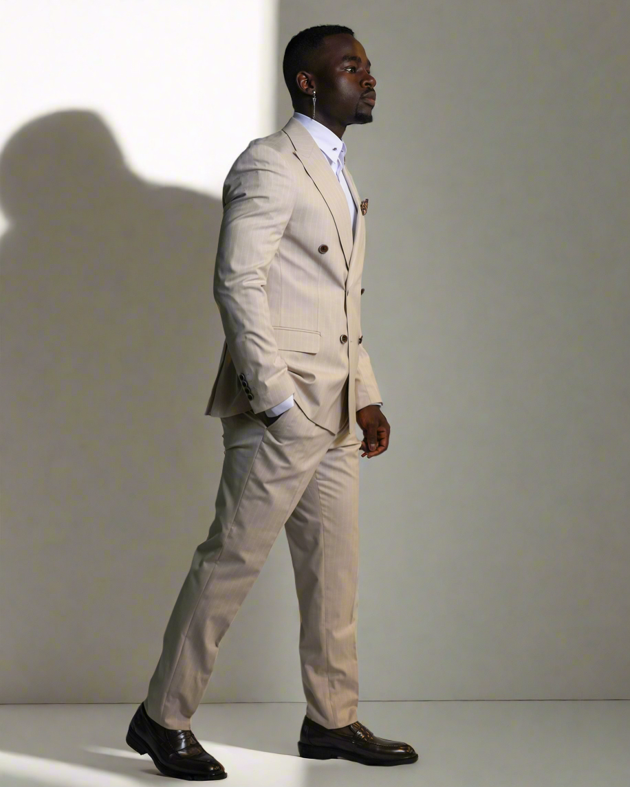 2H Beige double breasted Striped Suit