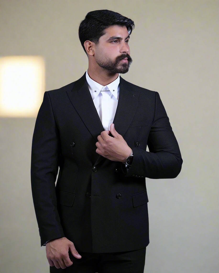 2H #160325-C5 Black Double breasted Suit 2 Pieces