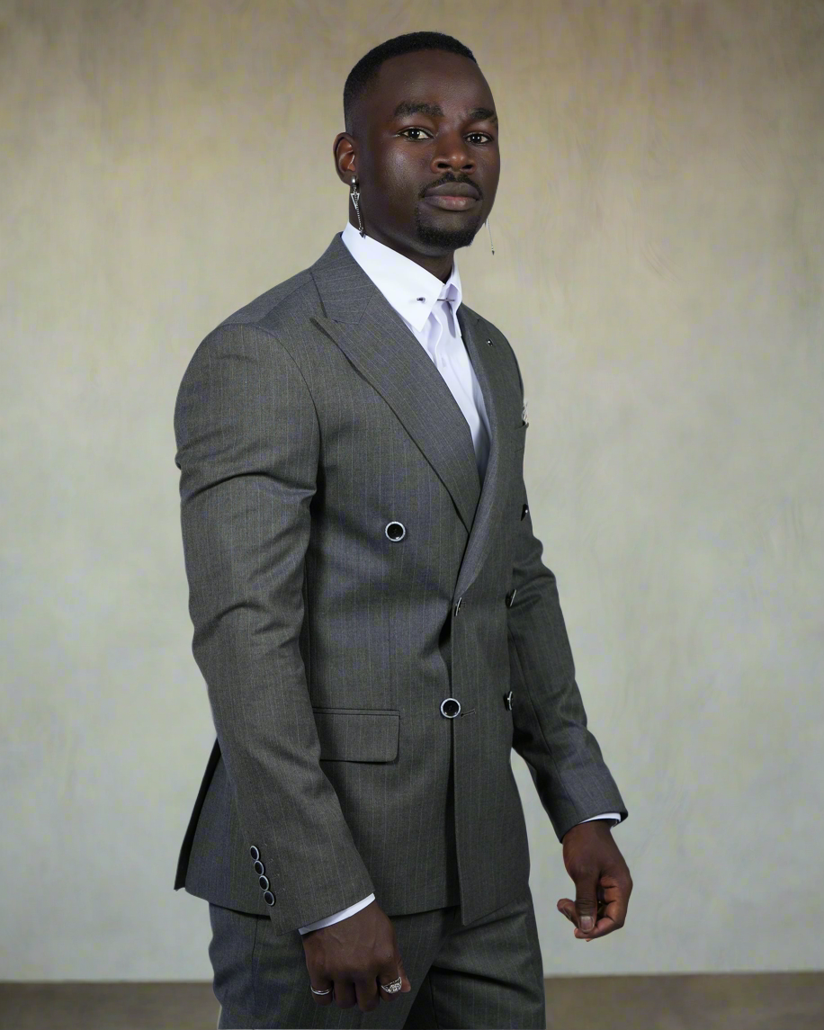 2H Dark Gray double breasted Striped Suit