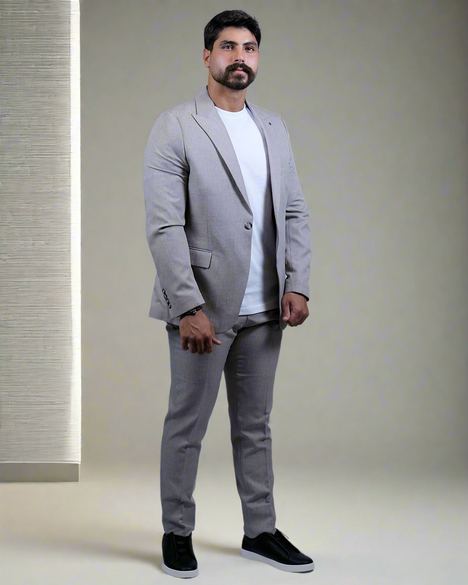 2H Light Gray Casual Embossed Suit 2 Pieces