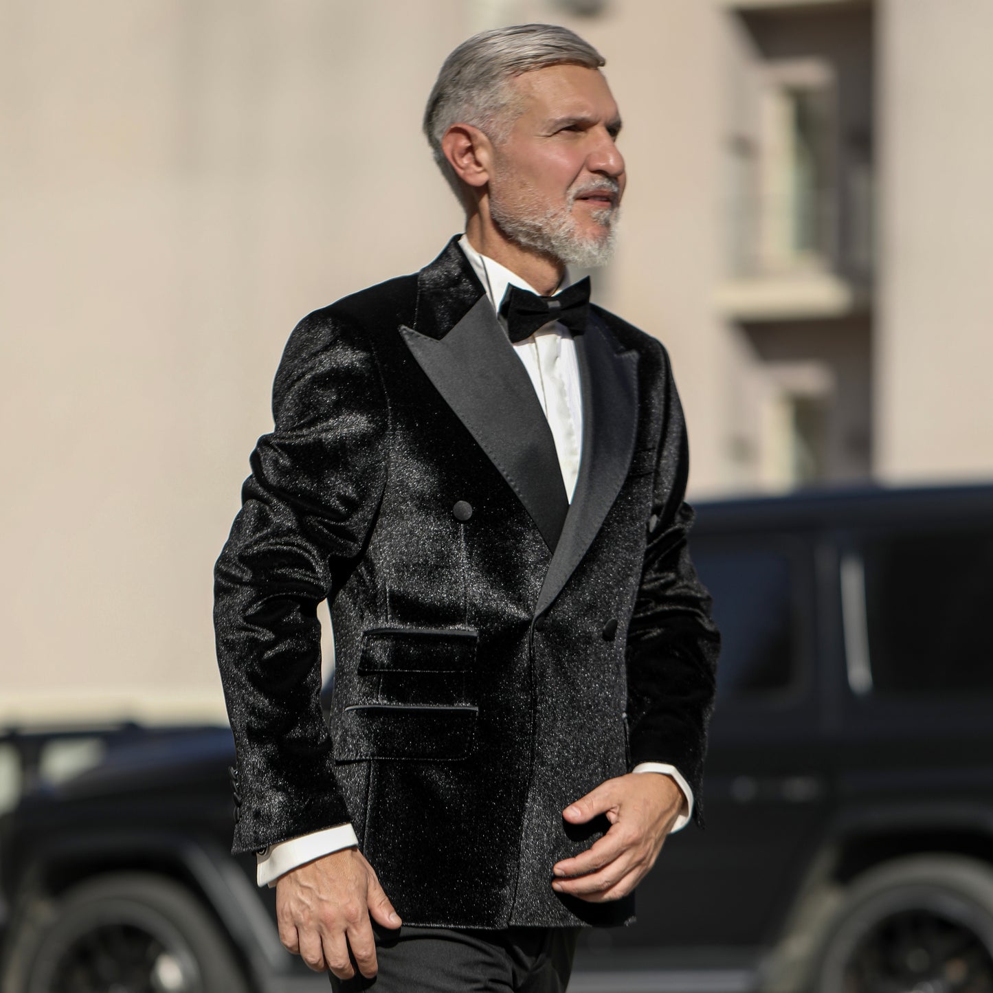 2H Black Double Breast Chamois Wedding Suit Peack Lapel Satin