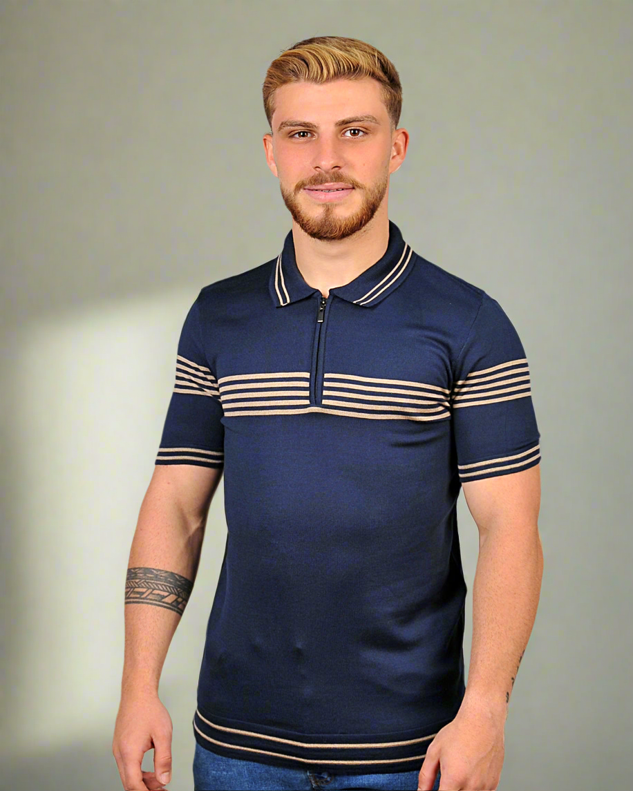 2H #39729-40 Navy Knitted Polo T-Shirt
