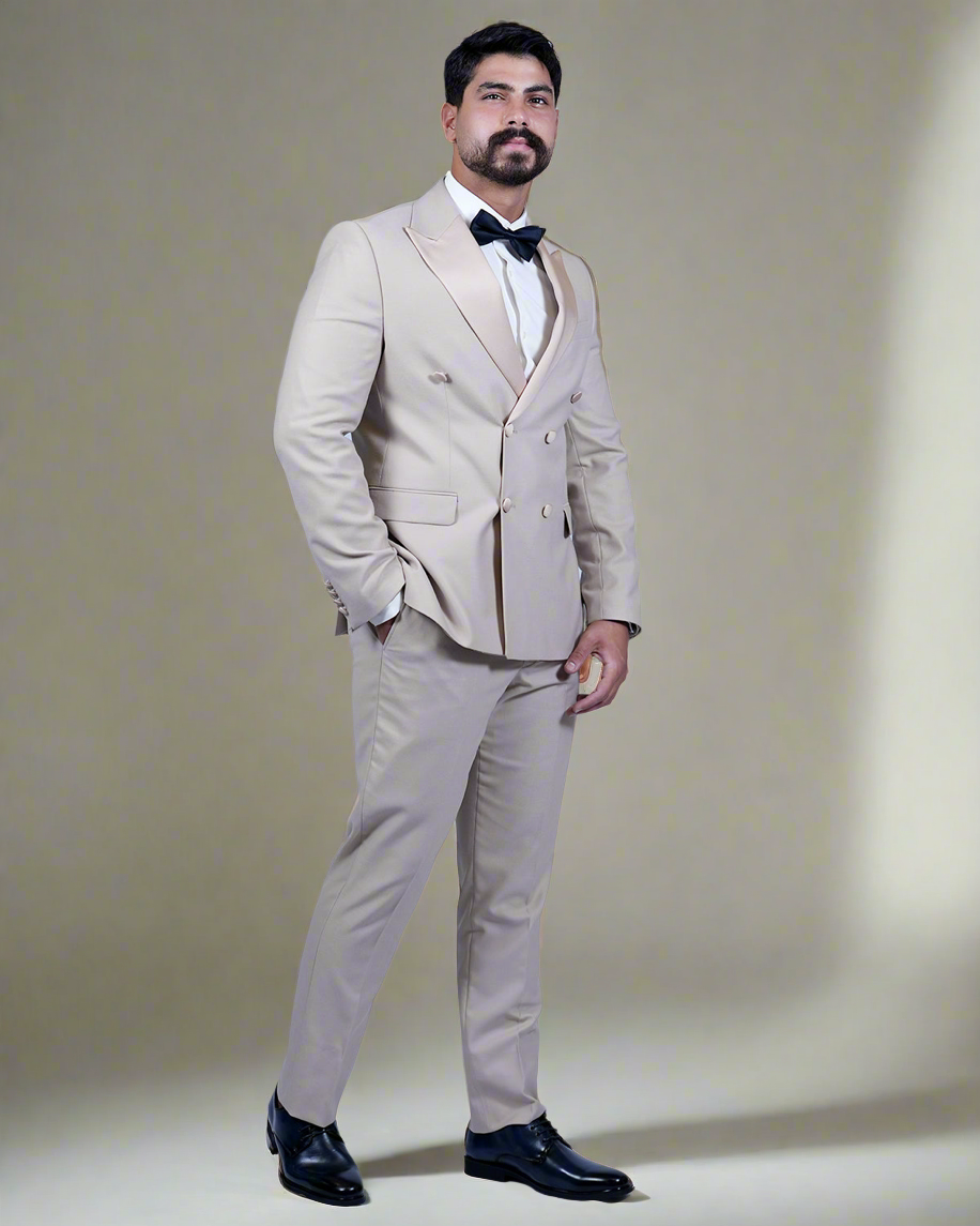 2H #260425 Beige Double breasted Suit 2 Pieces