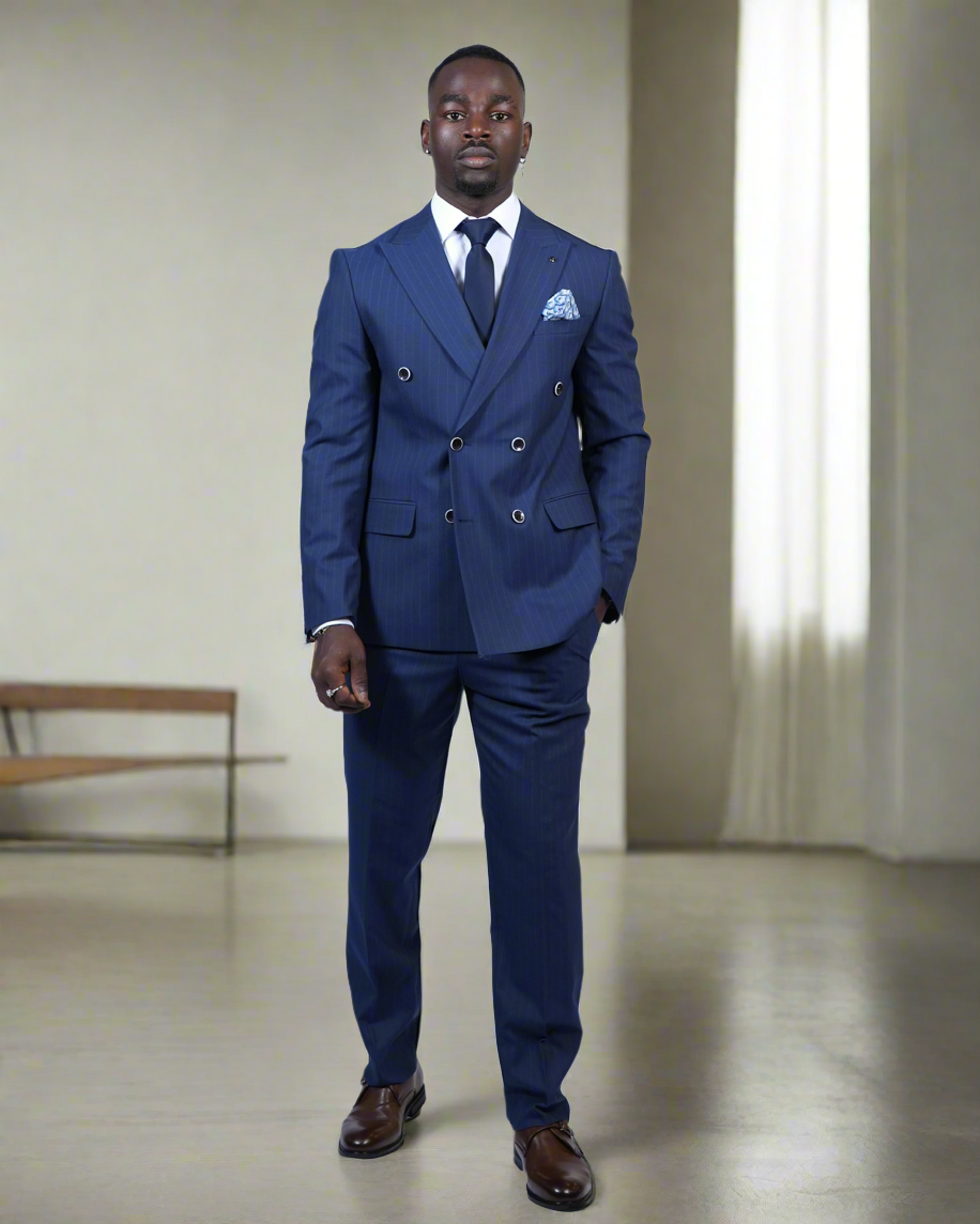 2H Navy double breasted Striped Suit