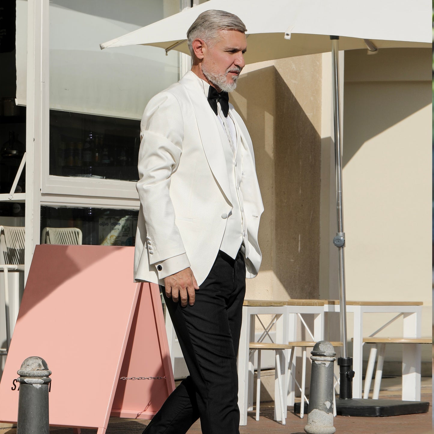 2H White Wedding Suit Black pant Satin