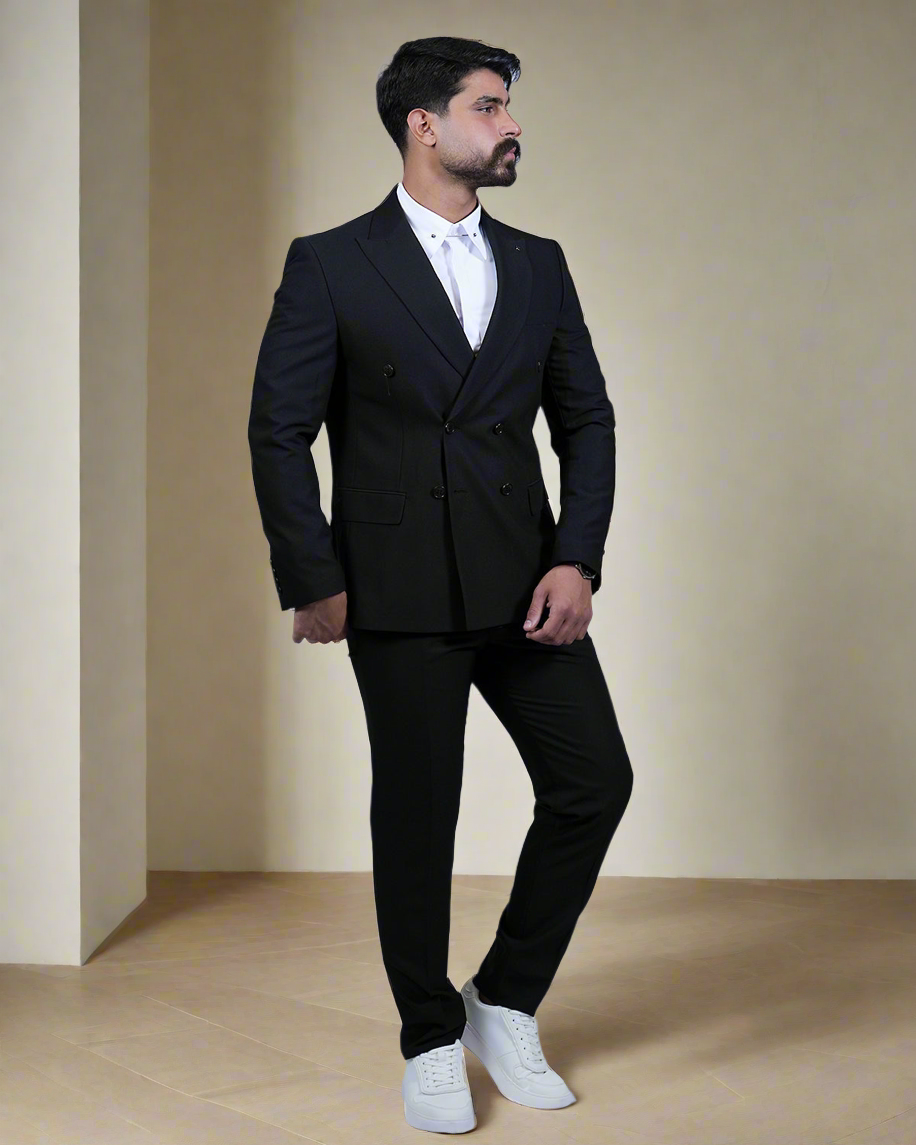 2H #160325-C5 Black Double breasted Suit 2 Pieces