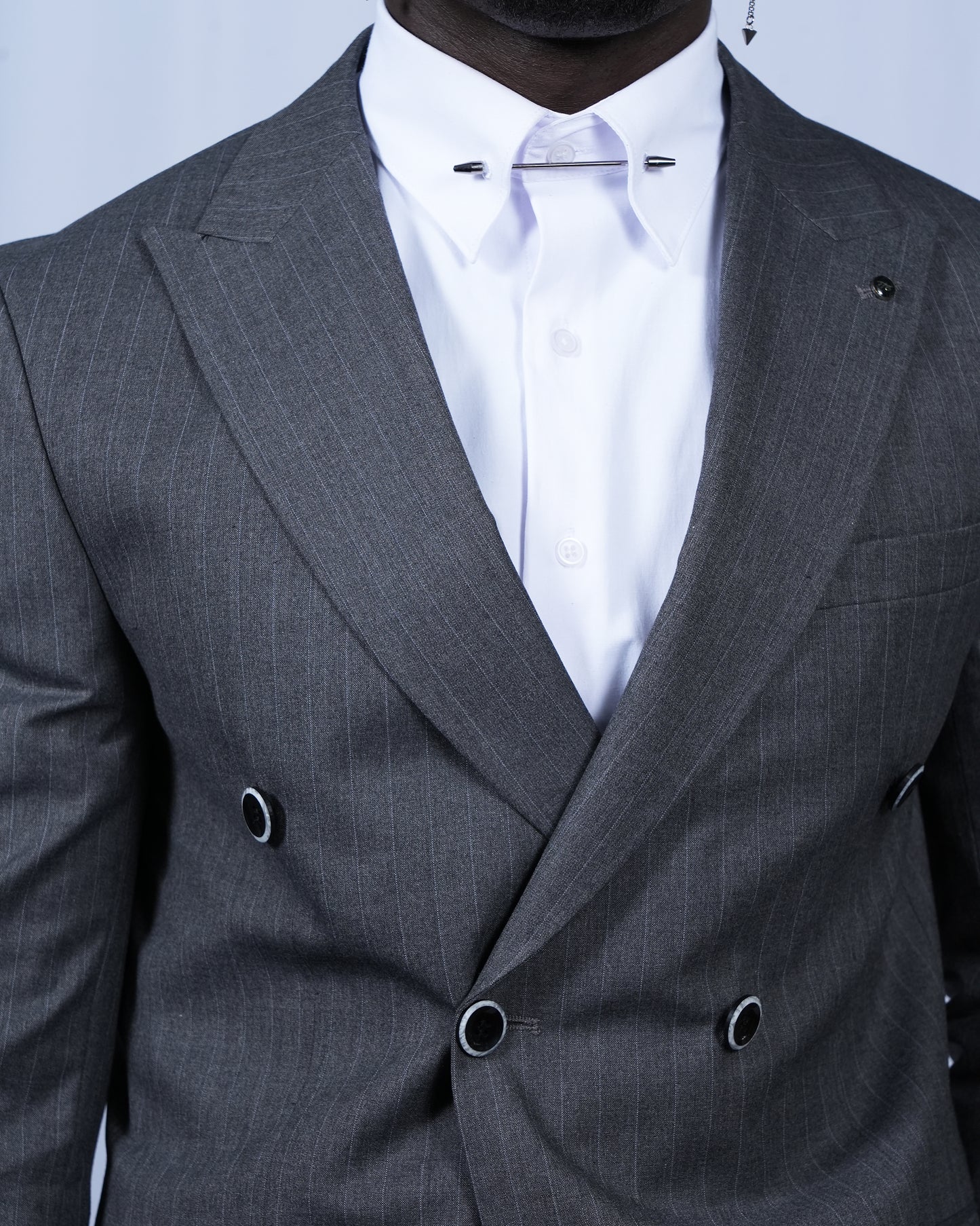 2H Dark Gray double breasted Striped Suit