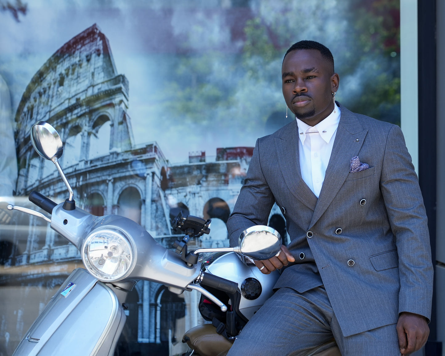 2H Dark Gray double breasted Striped Suit
