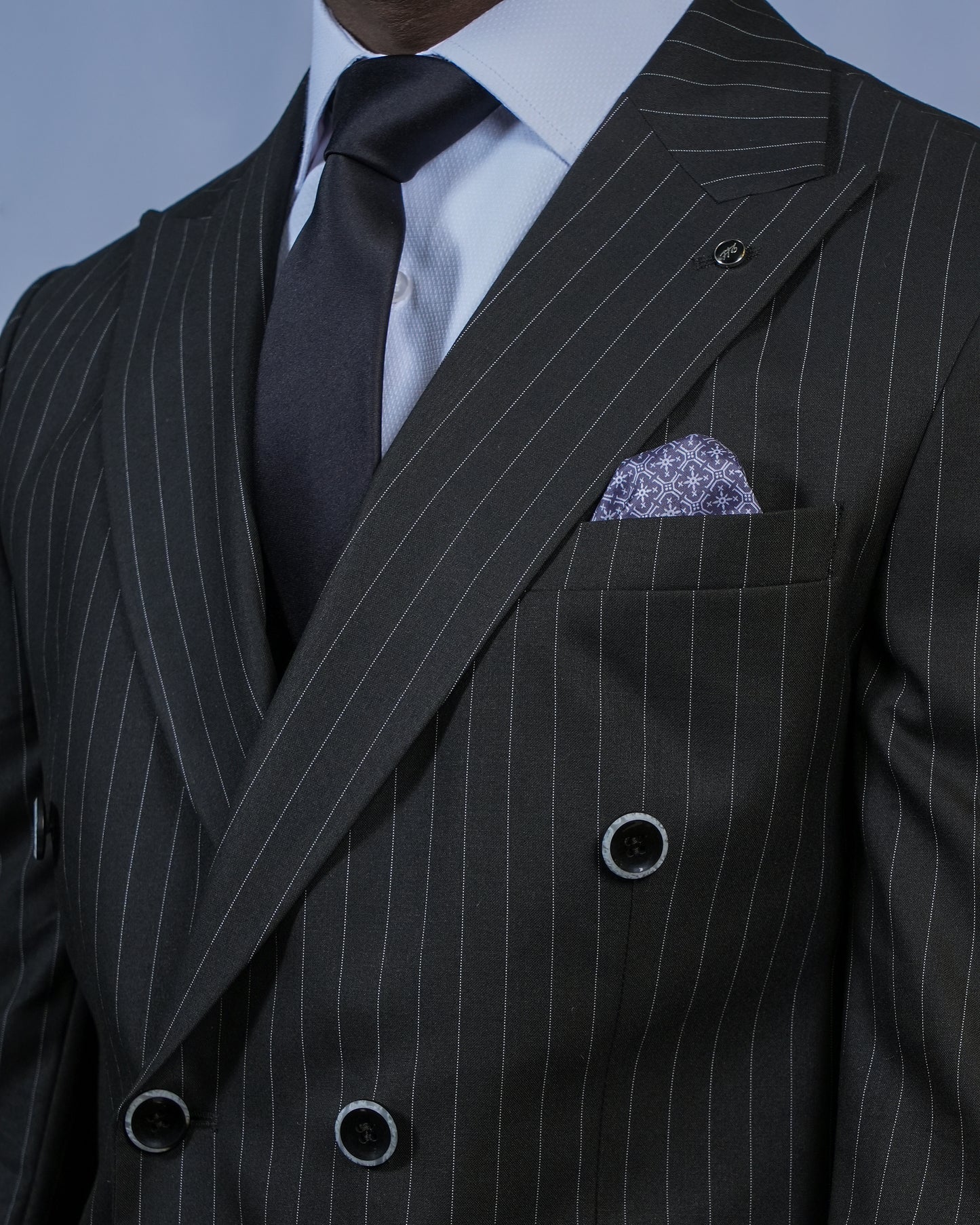 2H Black double breasted Striped Suit