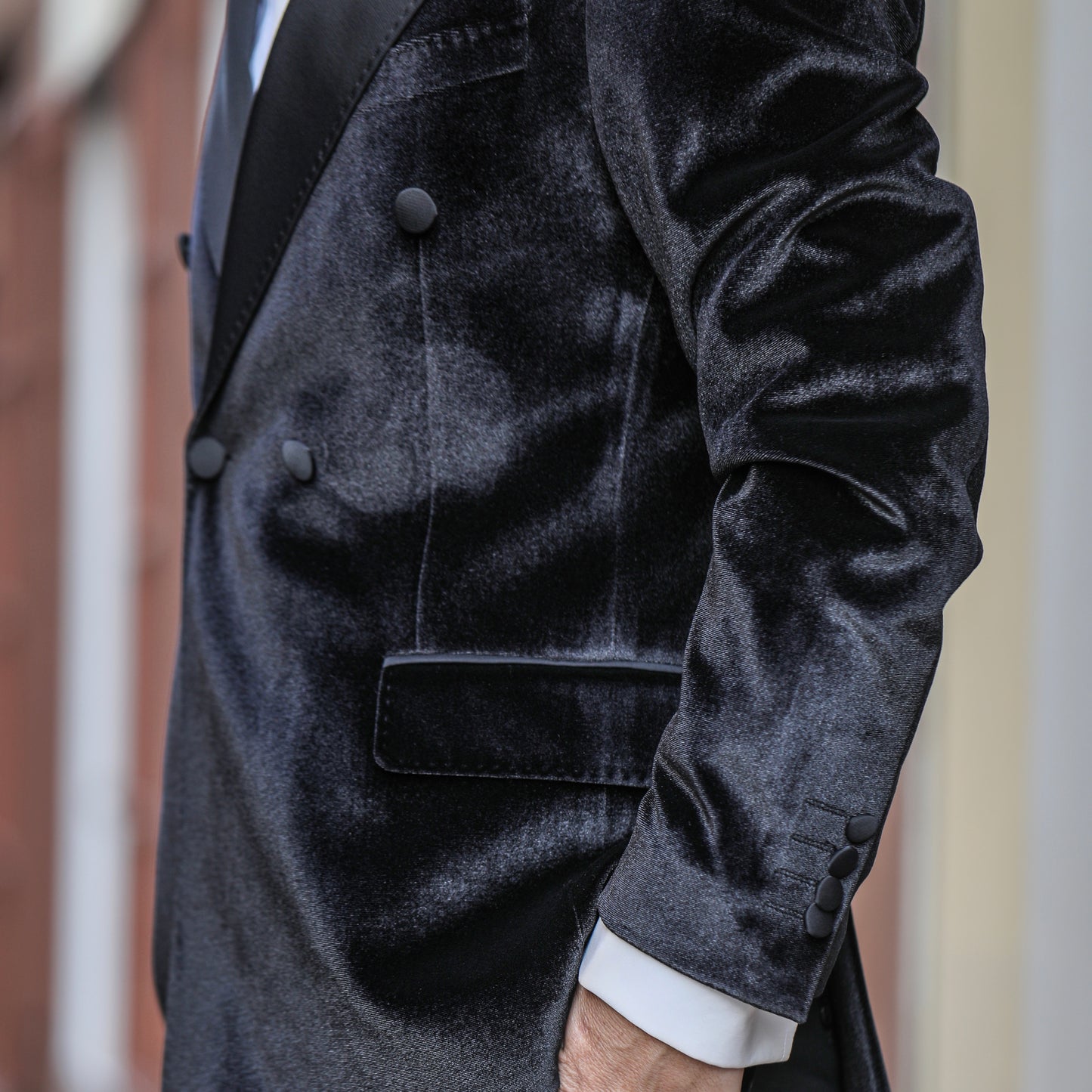 2H Black Double Breast Chamois Wedding Suit Peack Lapel Satin