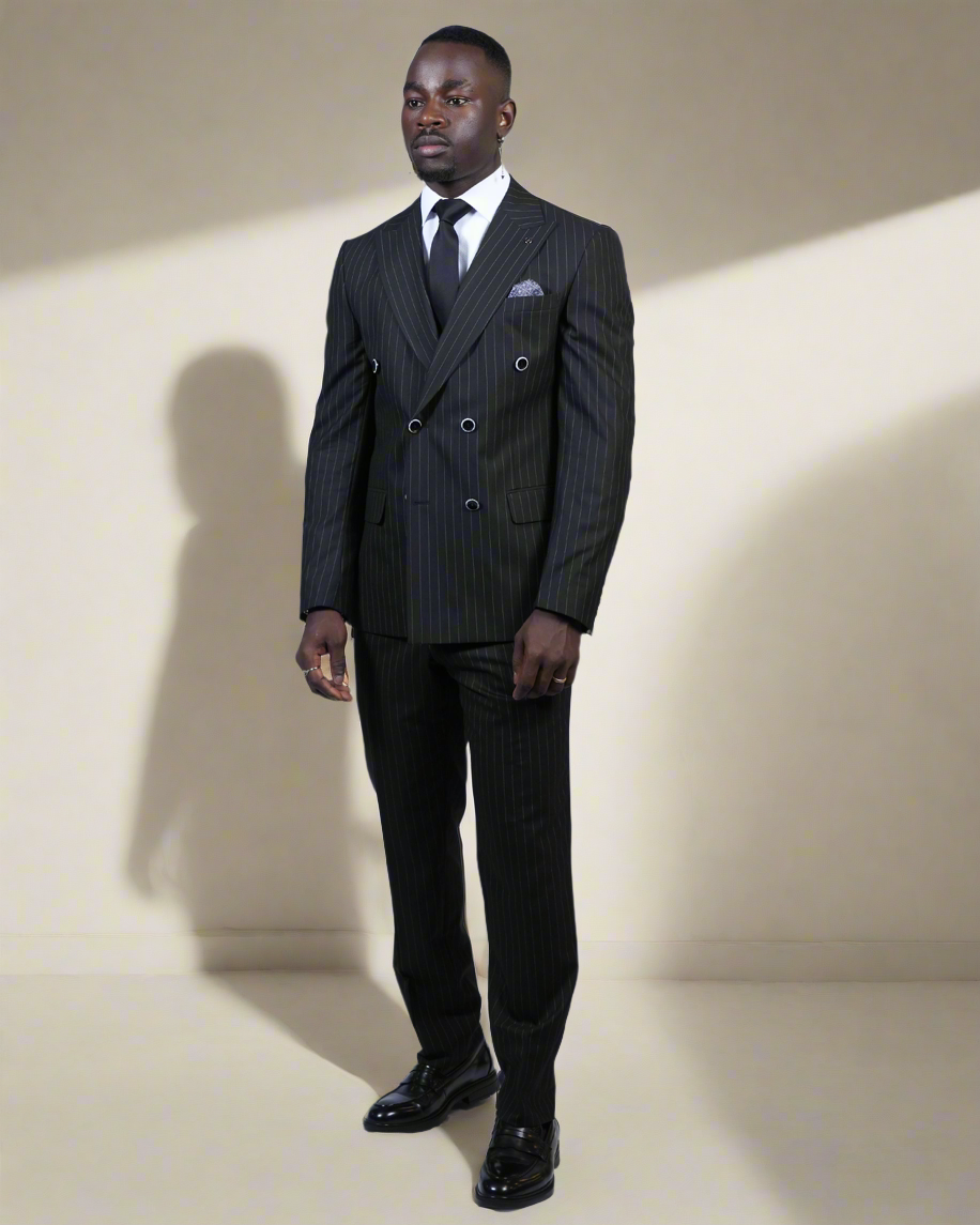 2H Black double breasted Striped Suit