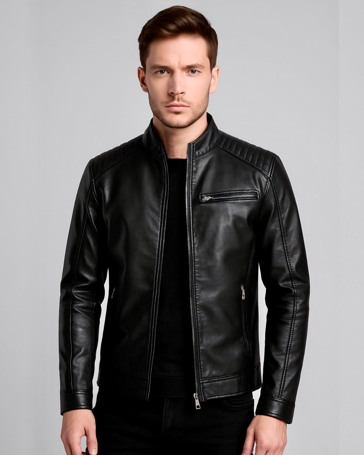 2H Black Leather Casual Jacket