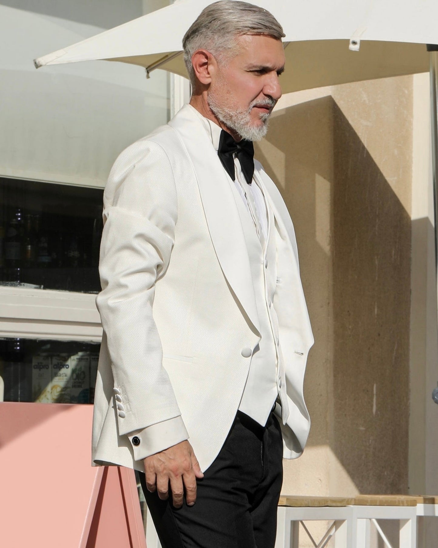 2H White Wedding Suit Black pant Satin 2 Pieces