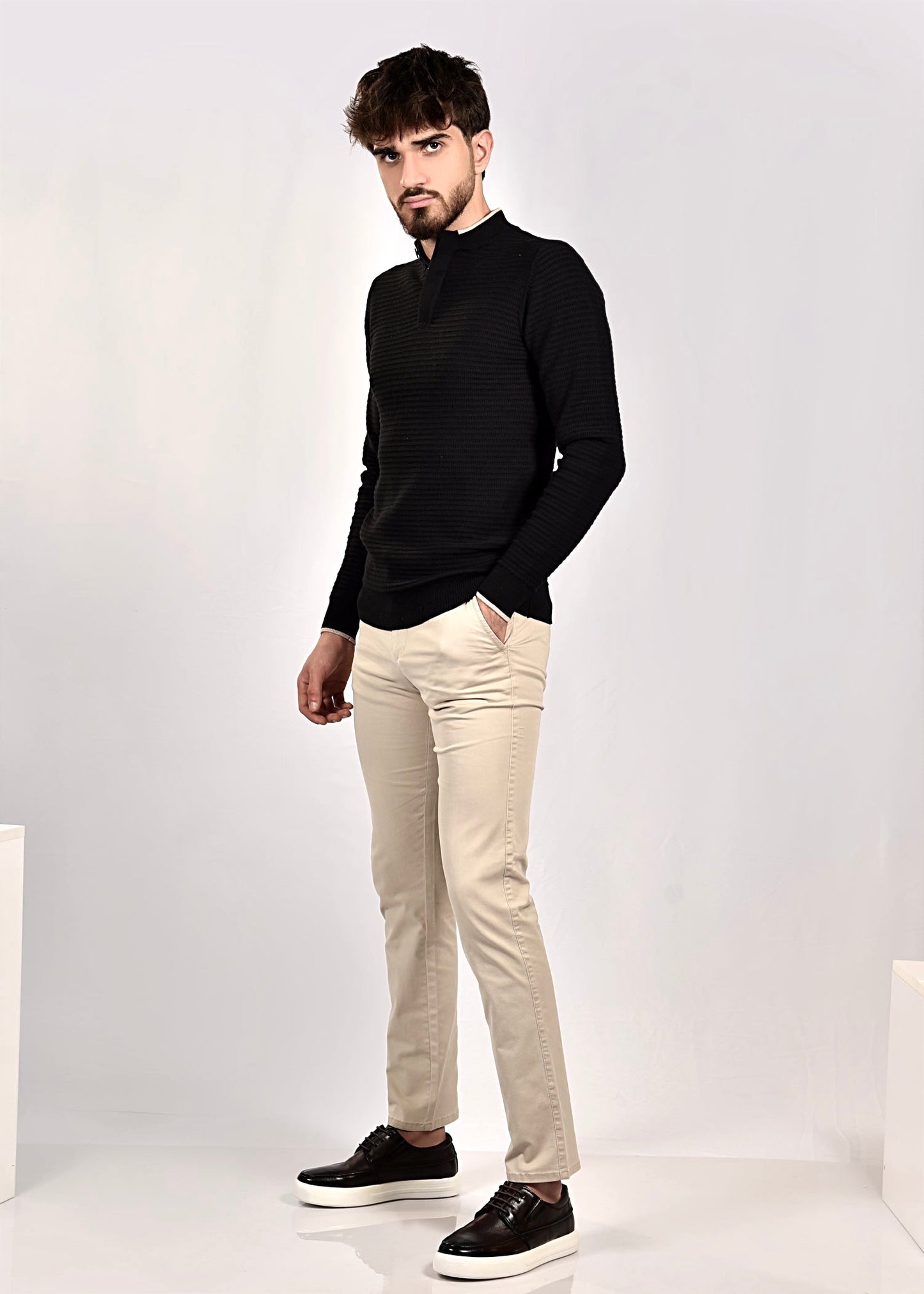 SALE! 2H #46037 Black Pure Cotton With 3 Buttons High Neck Sweater