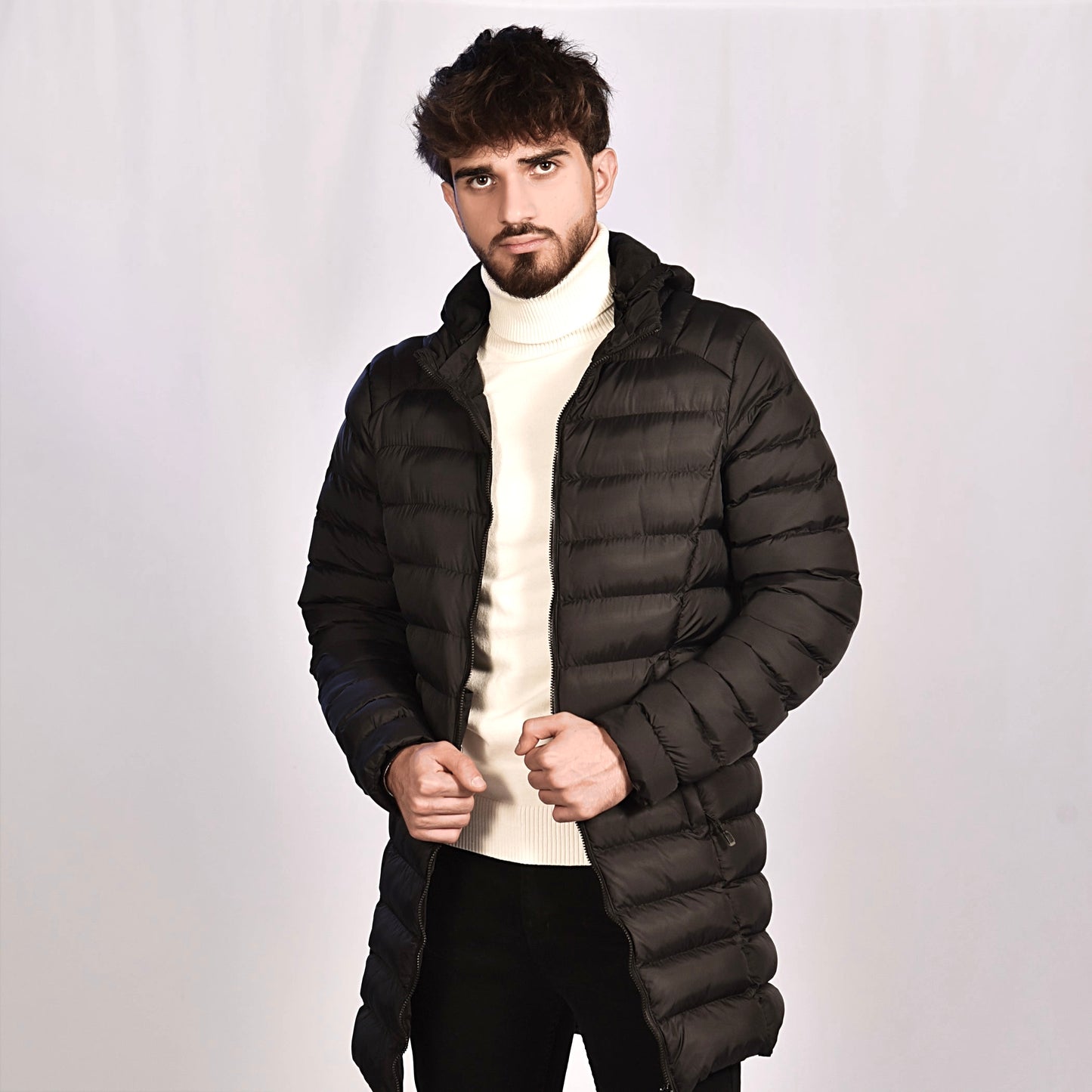 2H Black Hooded Long Puffer Jacket