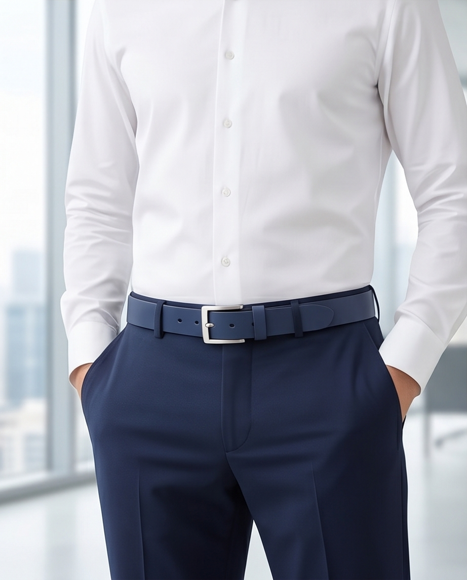 2H Navy Genuine Leather Casual Belt