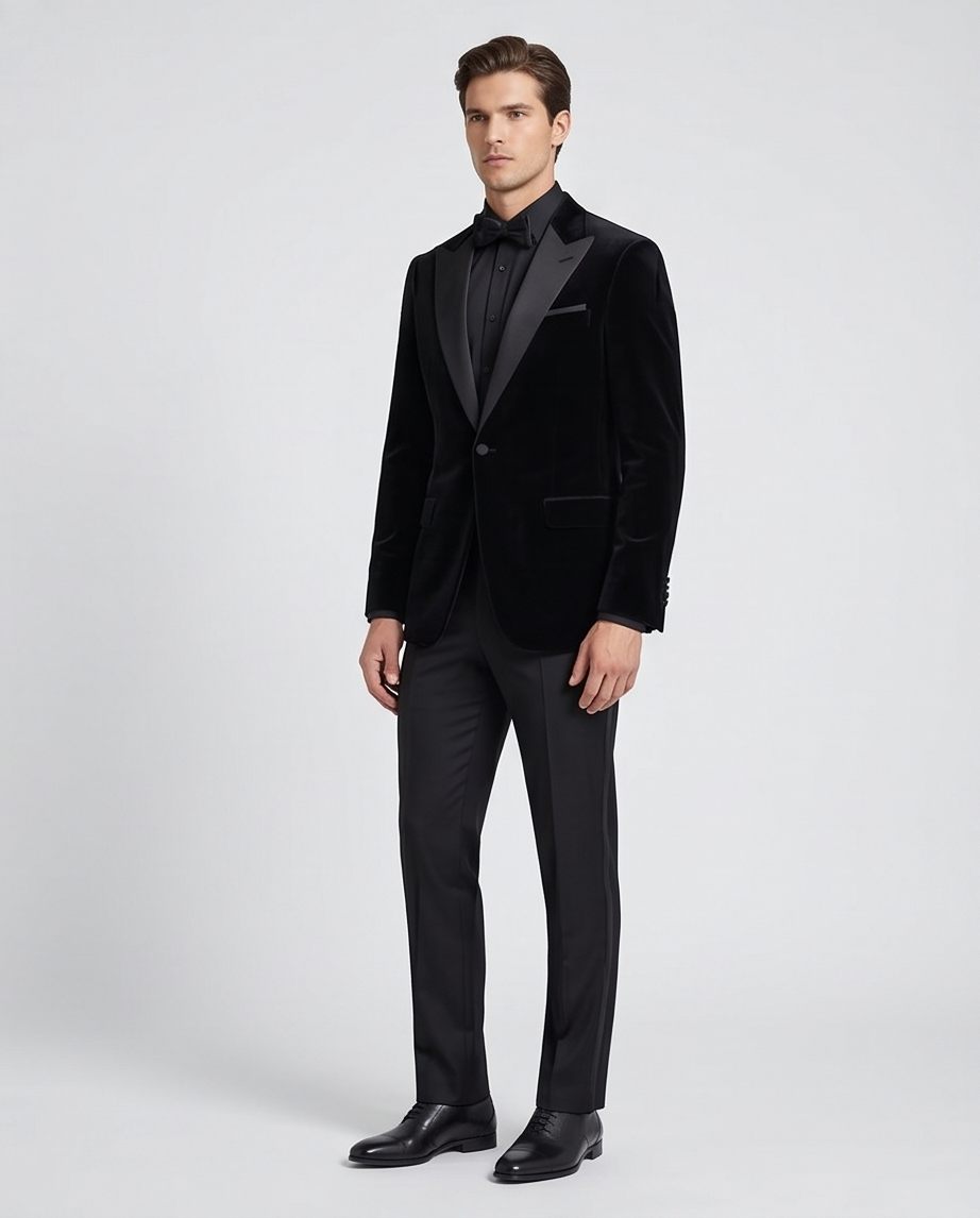 2H Black Chamois Wedding Suit Peack Lapel Satin