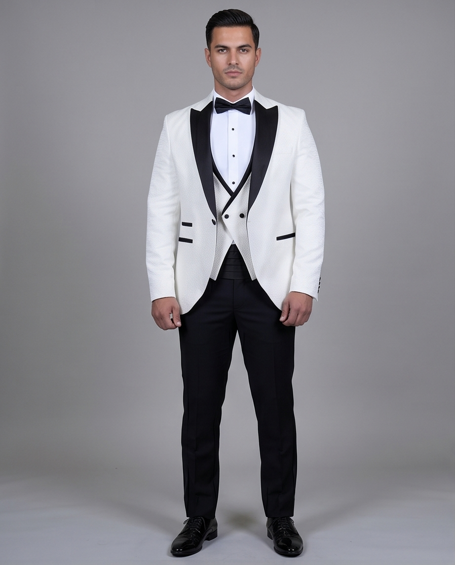 2H White Neck Wedding Suit