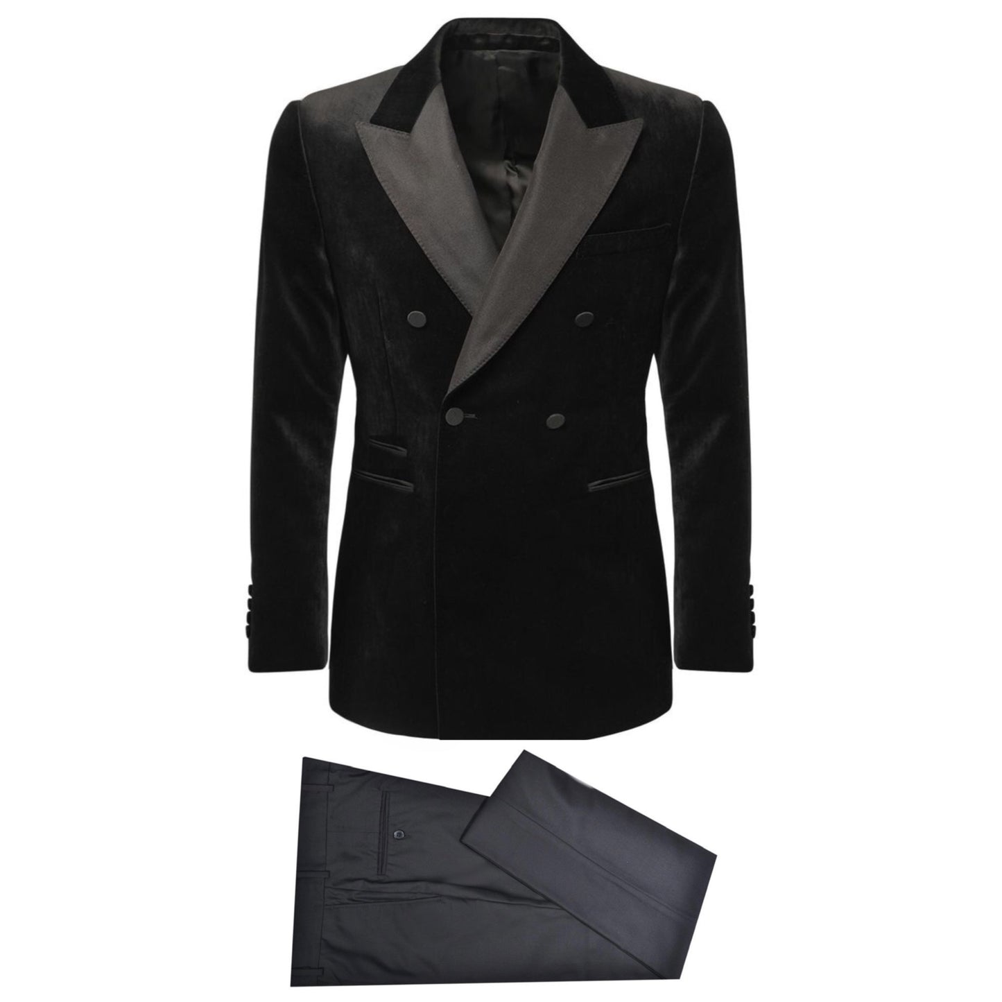 2H Black Double Breast Chamois Wedding Suit Peack Lapel Satin