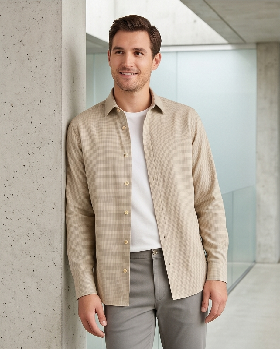 2H #121025 Beige Cotton Fleece Casual Shirt