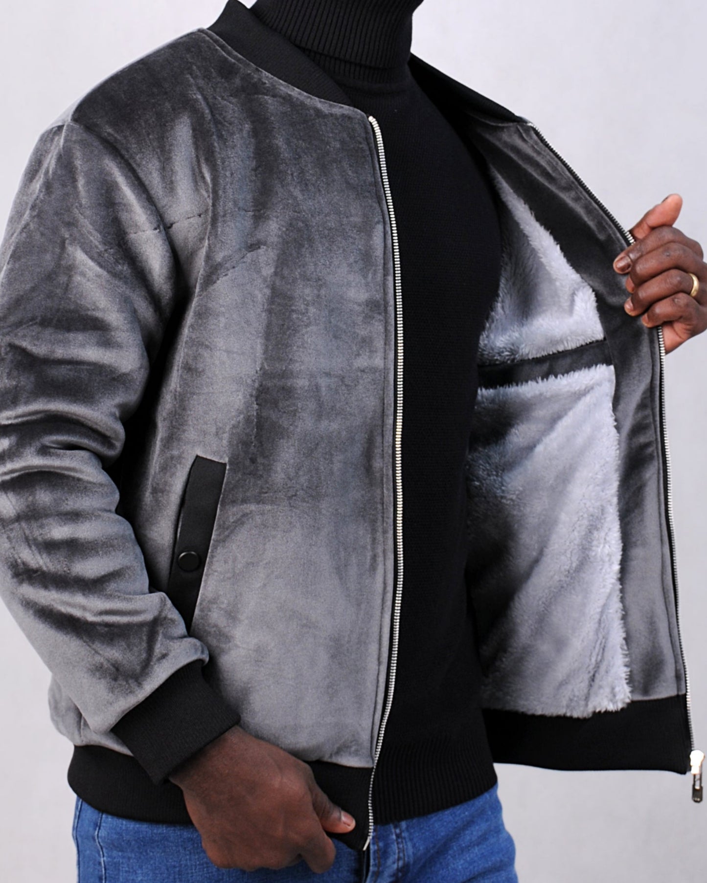 SALE! 2H Gray Velvet Jacket With Fur Inside