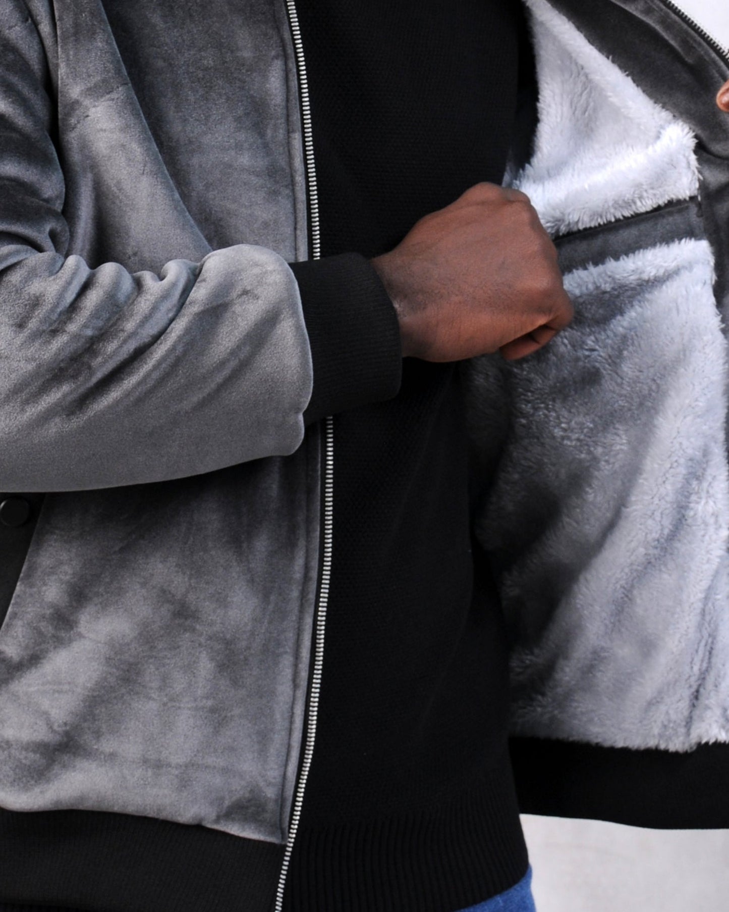 SALE! 2H Gray Velvet Jacket With Fur Inside