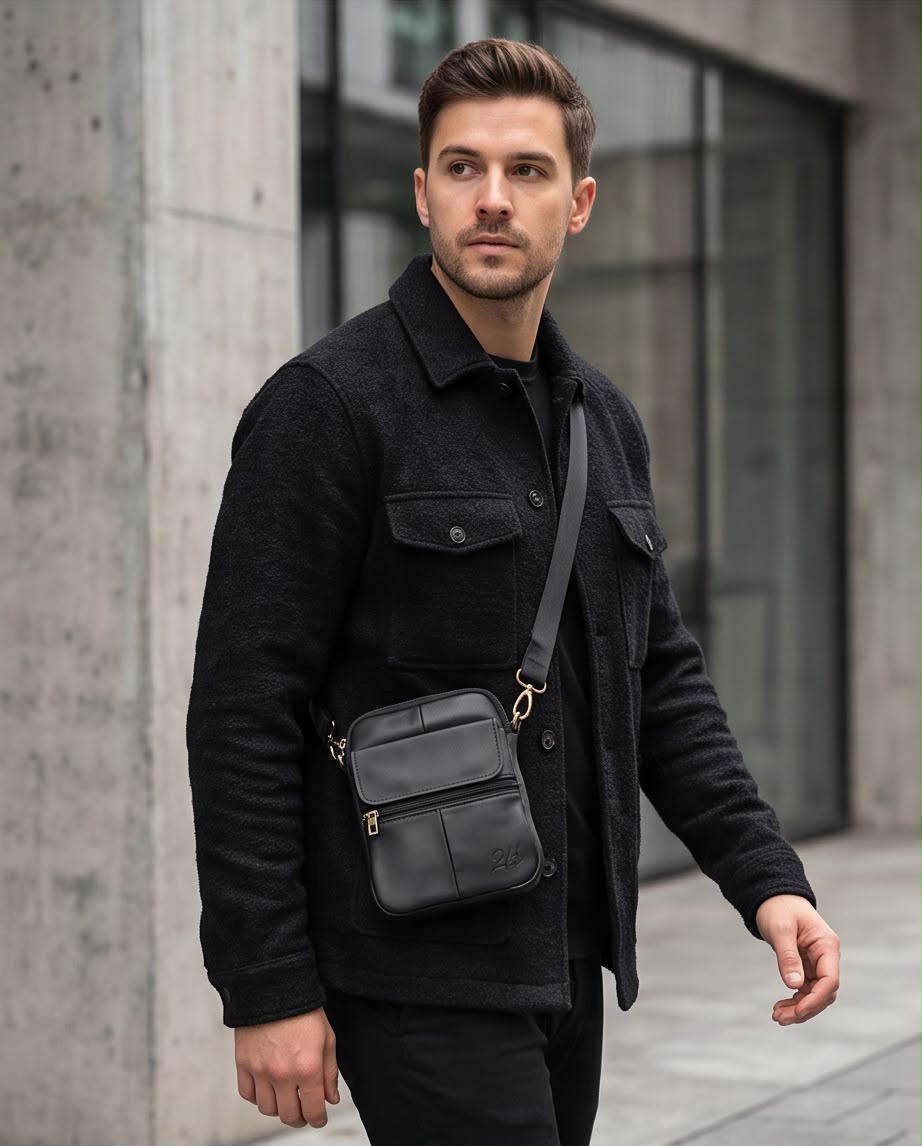 2H #7350 Genuine leather Black Shoulder messenger bag