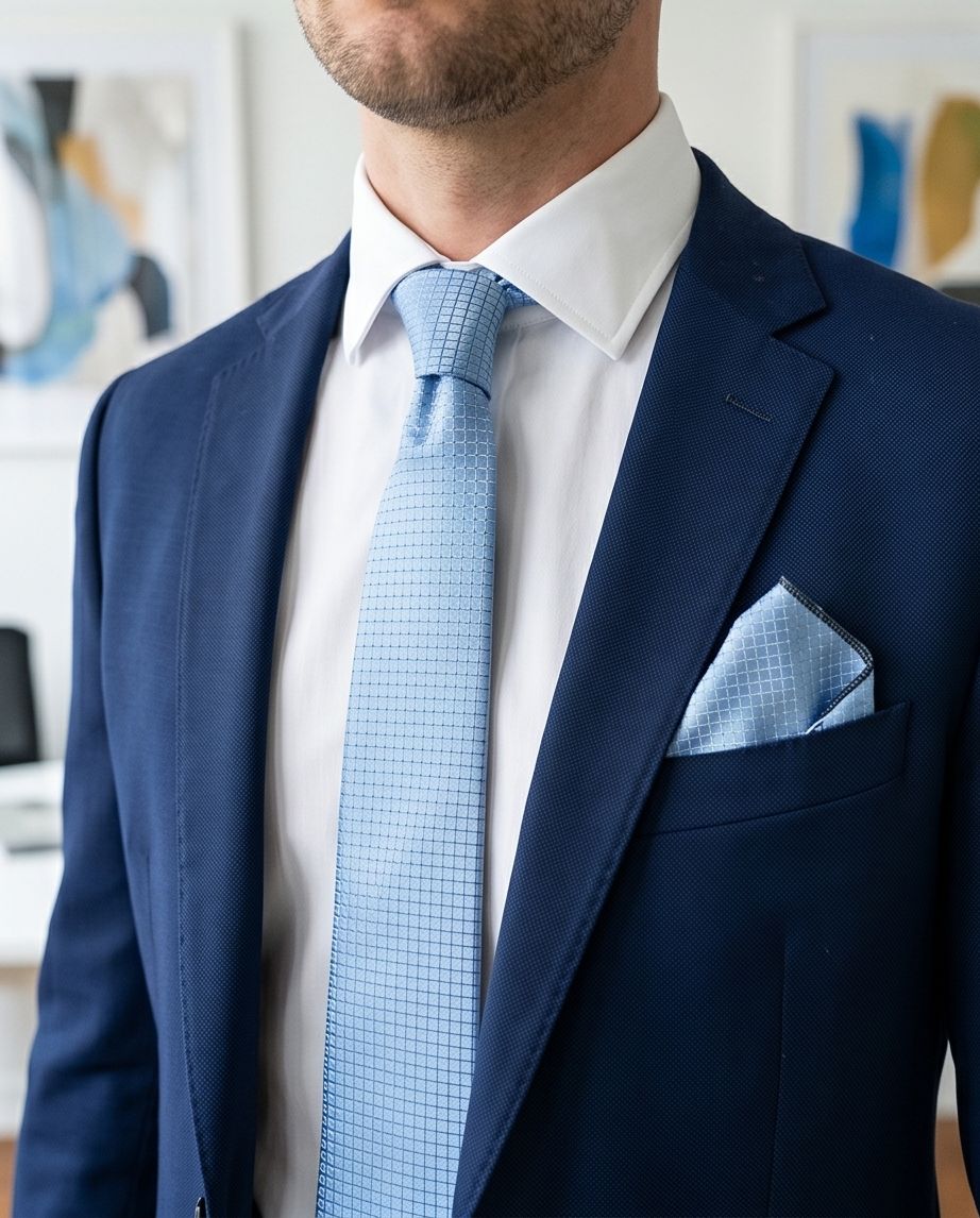 2H Light Blue Necktie With Foulard