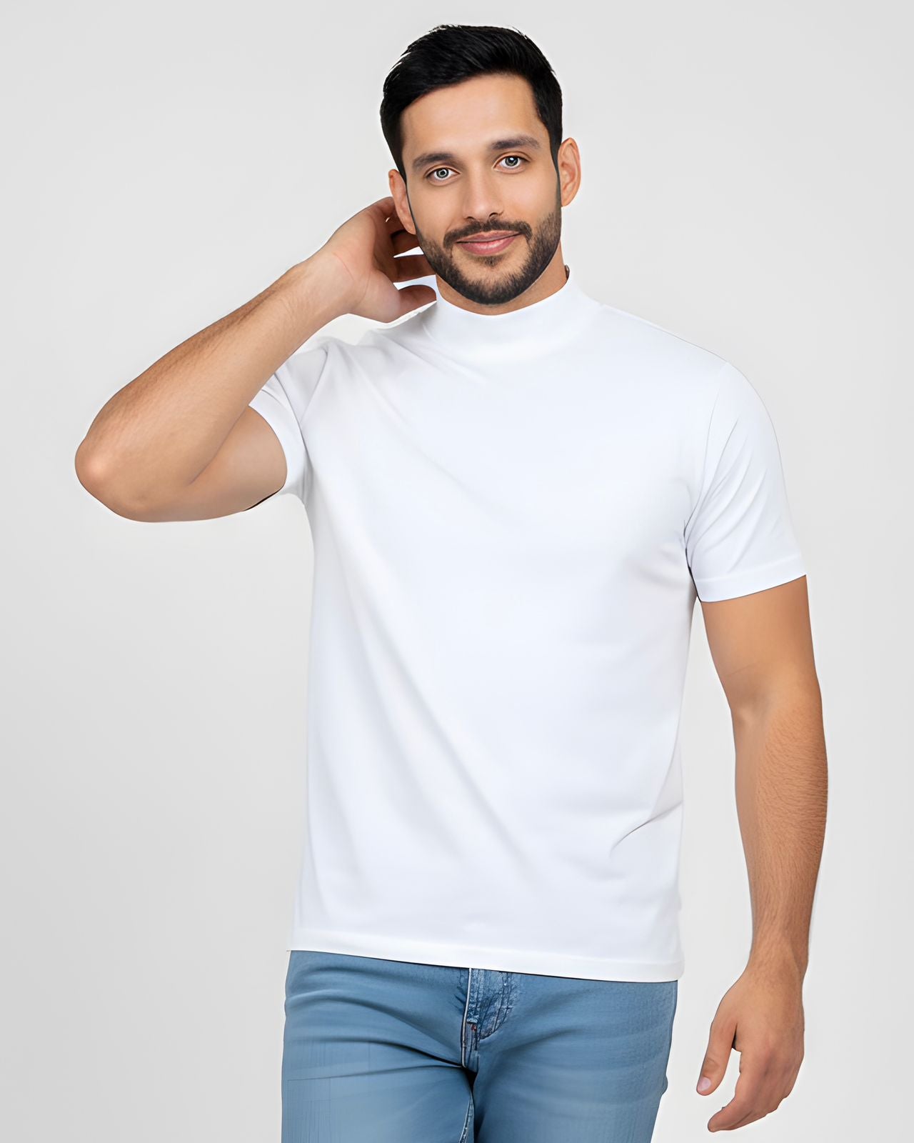 2H #12576 White Mercerized Cotton High Neck T-Shirt