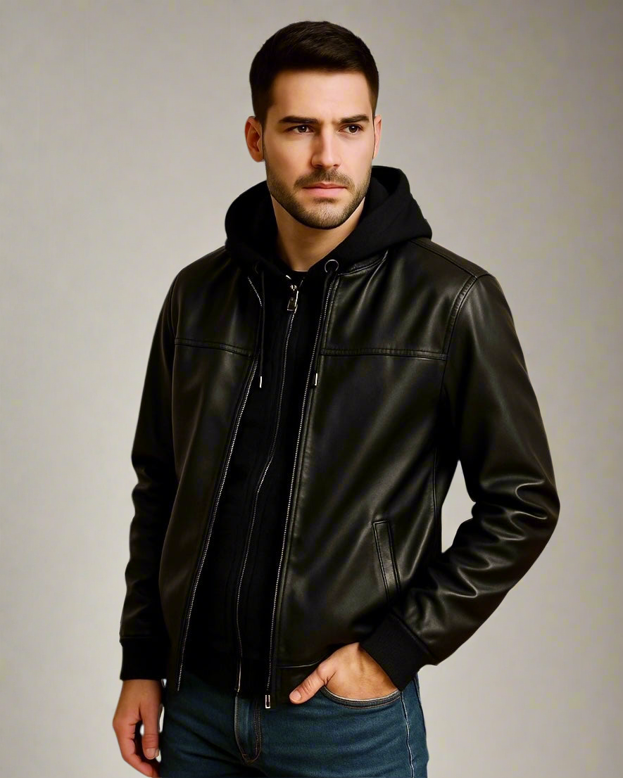 2H #906 Leather Casual Hooded Jacket