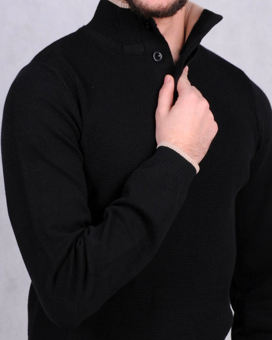 SALE! 2H #46038 Black Pure Cotton With 3 Buttons High Neck Sweater