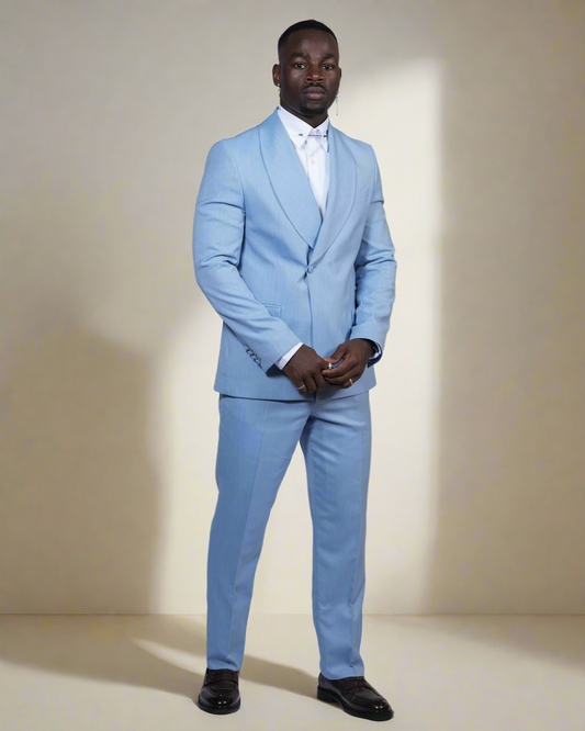 2H Blue One Button Collar Shawl Suit