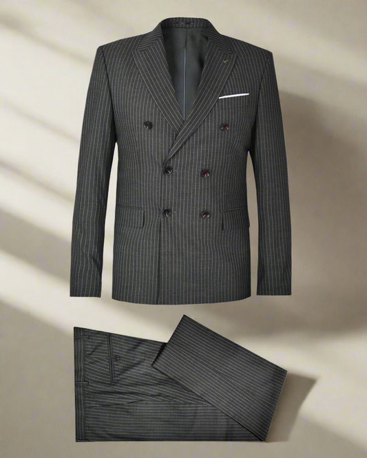 2H Dark gray striped Peaked Lapel Two Bottons Suit 2 Pieces