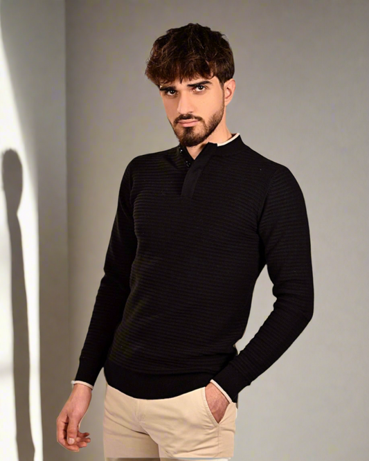 SALE! 2H #46037 Black Pure Cotton With 3 Buttons High Neck Sweater