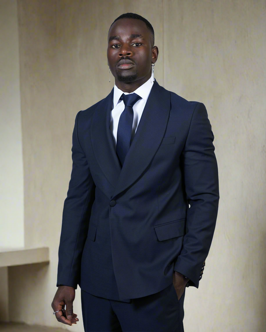 2H Navy One Button Collar Shawl Suit