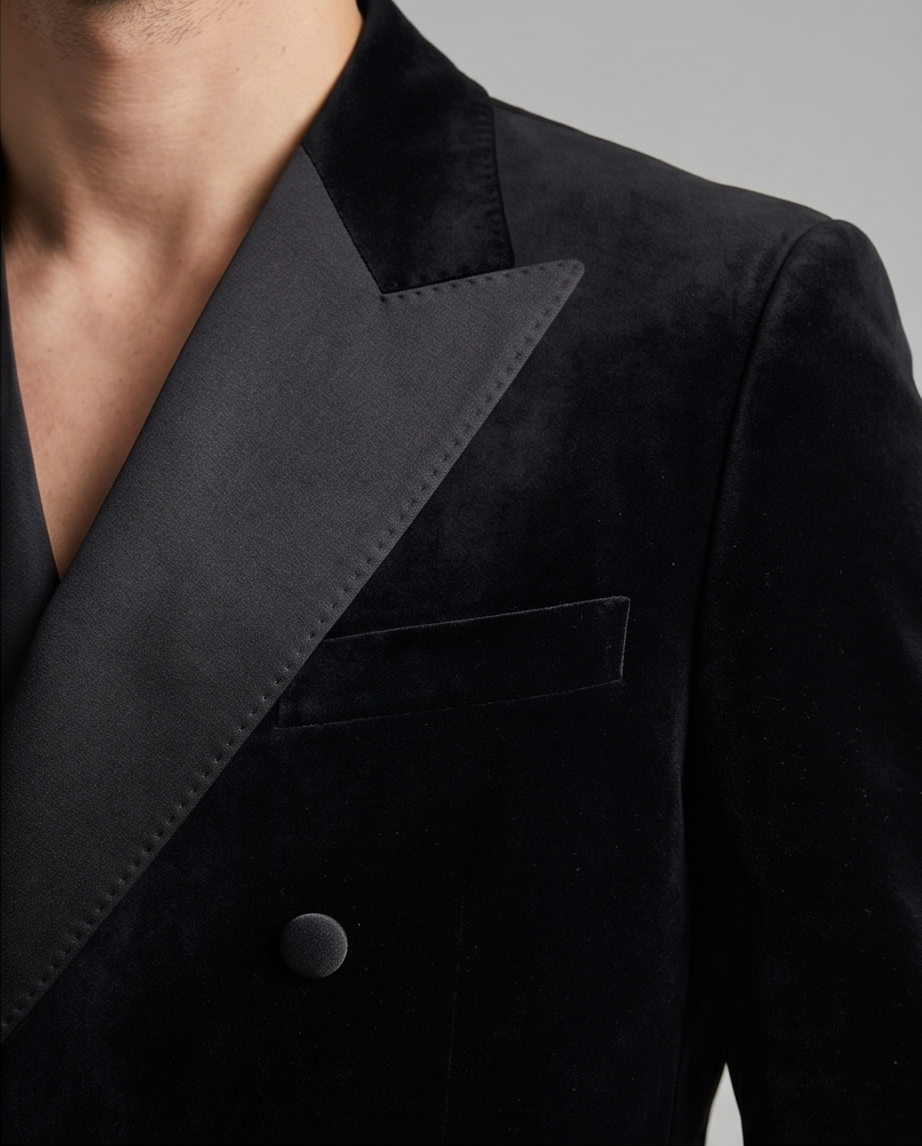 2H Black Double Breast Chamois Wedding Suit Peack Lapel Satin