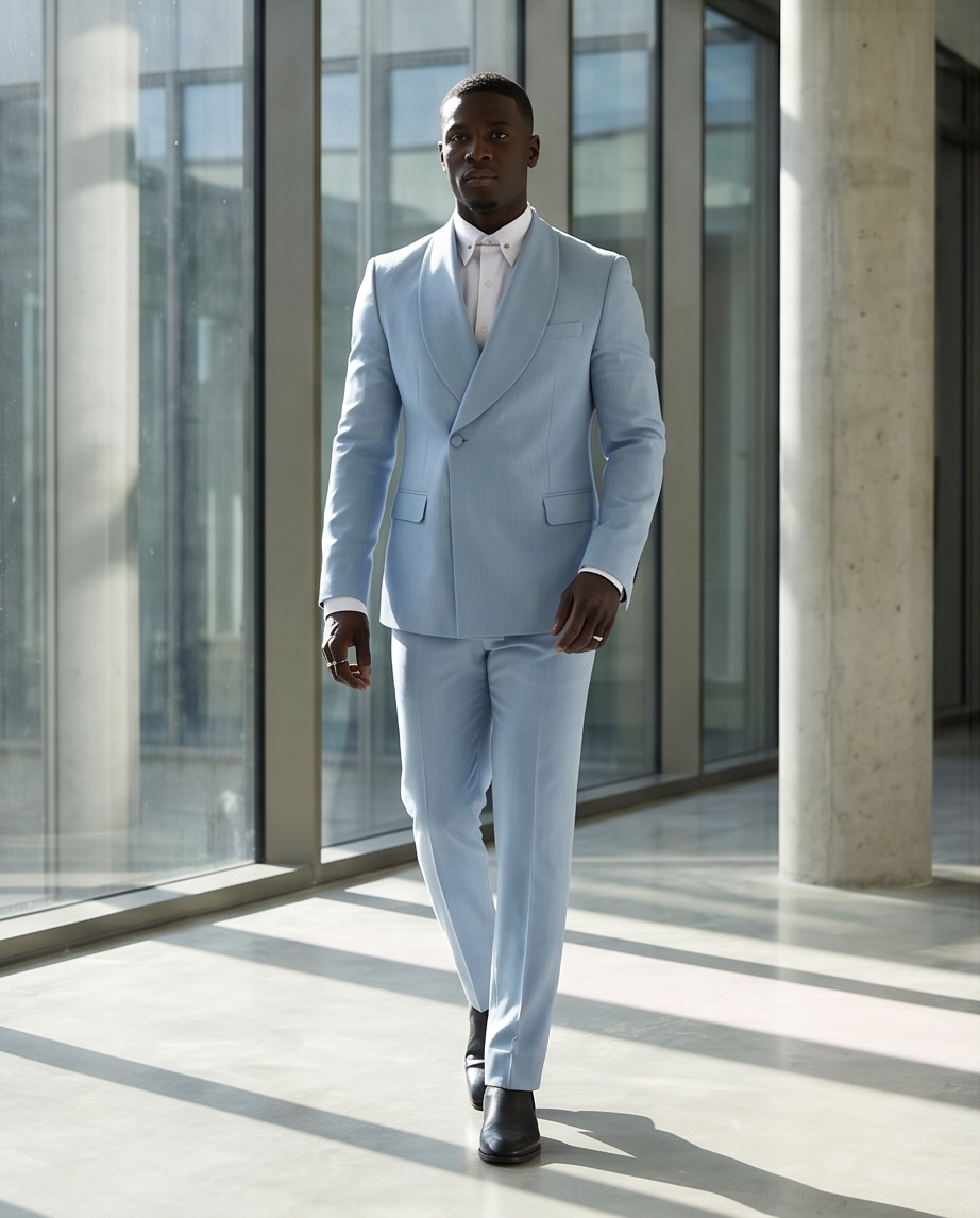 2H #99-06 Blue One Button Collar Shawl Suit