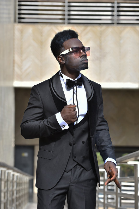 2H Black Wedding Suit Shawl Chamois Satin 2 Pieces