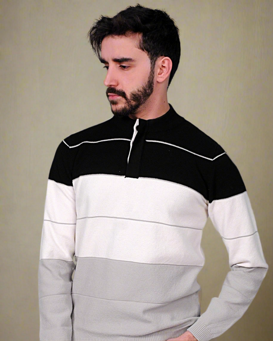 SALE! 2H #46030 Colorful Black/White/Gray With 3 Buttons High Neck Sweater
