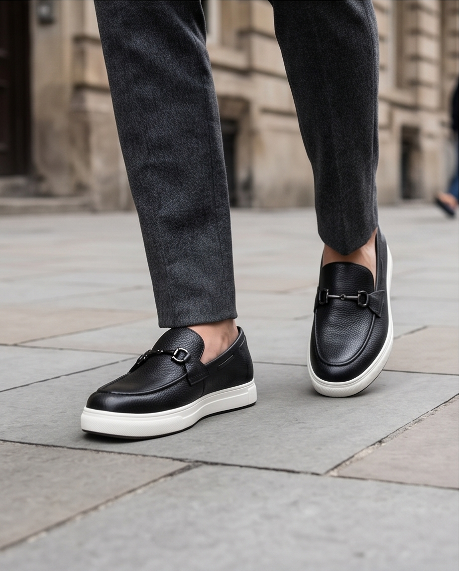 2H #01G Genuine Leather Black Casual Shoes