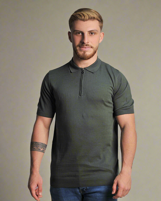 2H #2001-40 Olive Green Knitted Cotton Polo T-Shirt
