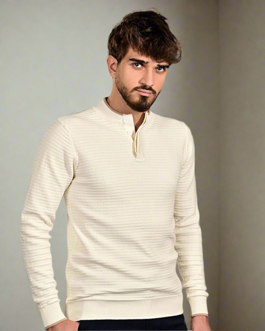 SALE! 2H #46037 White Pure Cotton With 3 Buttons High Neck Sweater