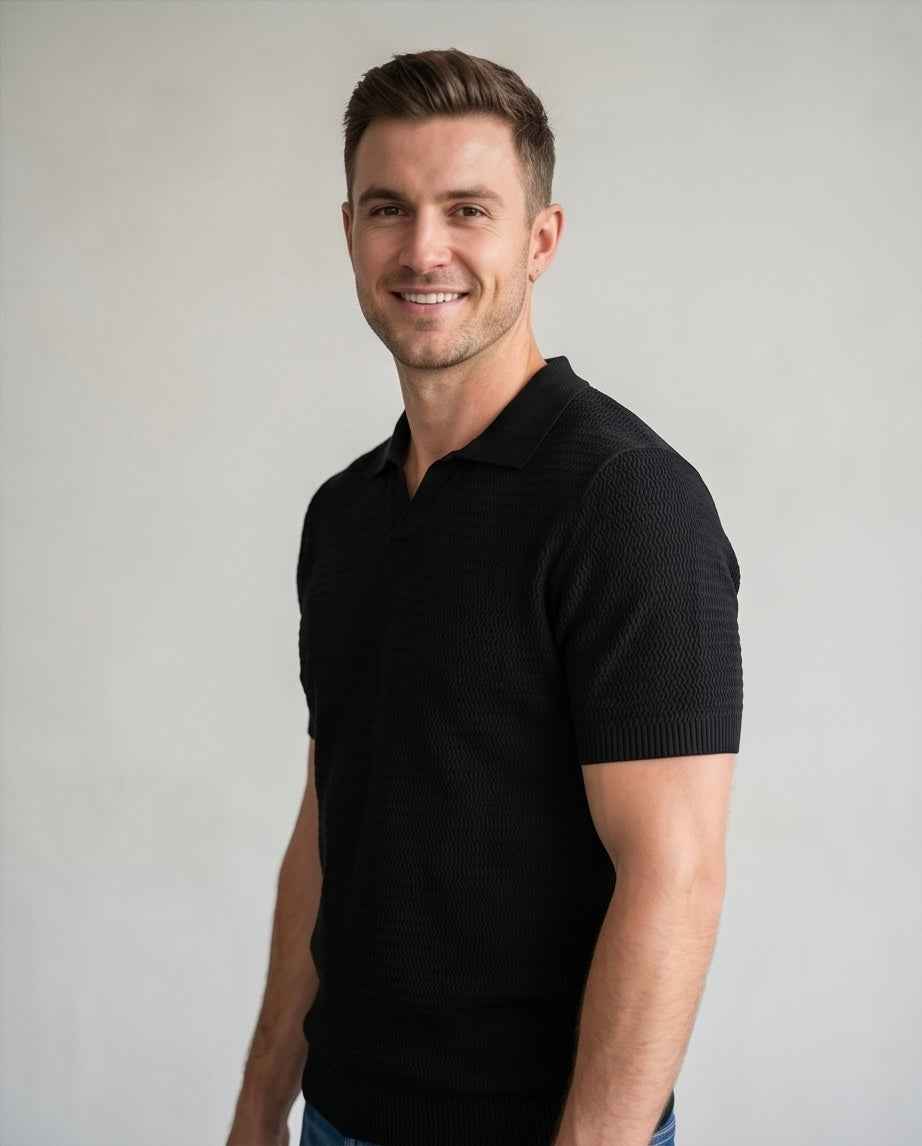 2H #451 Black Knitted Polo T-Shirt