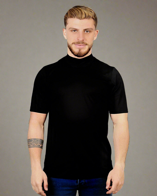 2H #12576 Black Mercerized Cotton High Neck T-Shirt