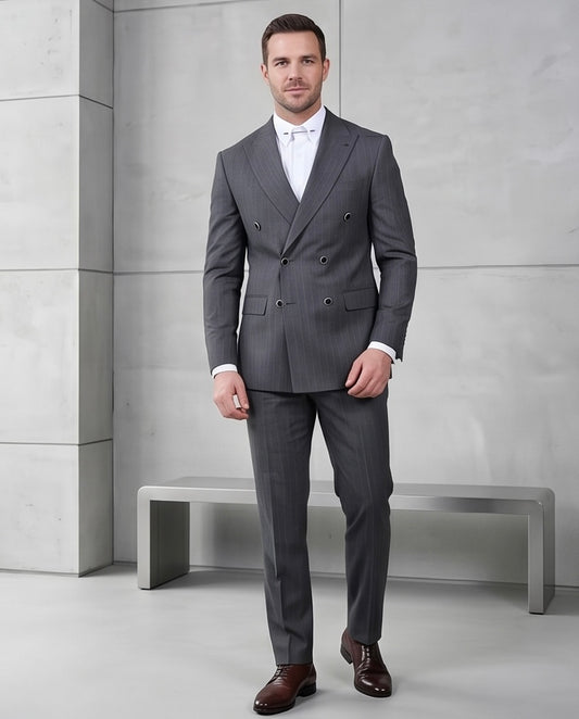 2H #TR330-1 Dark Gray double breasted Striped Suit