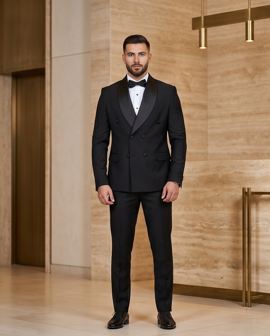 2H black shawl Double breasted Wedding Suit